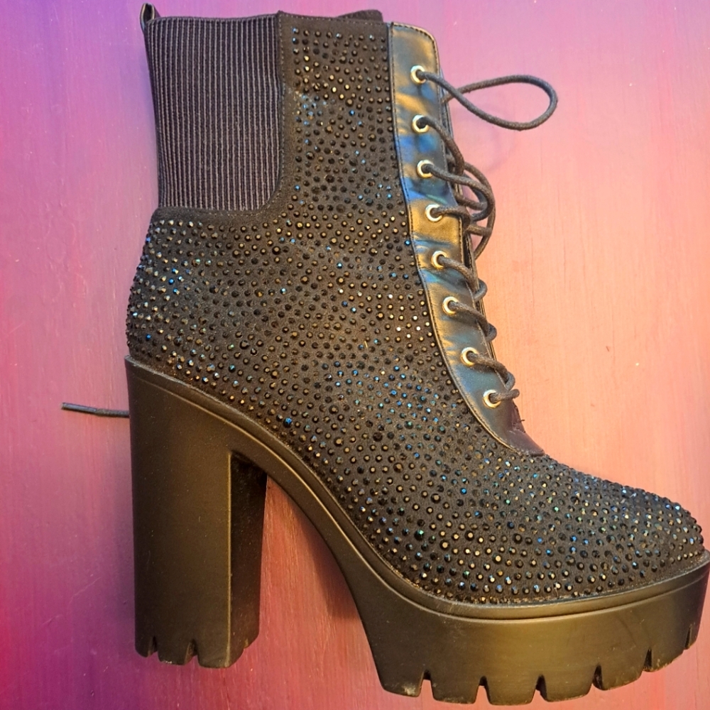 Black Rhinestone Chunky Boots Size 10